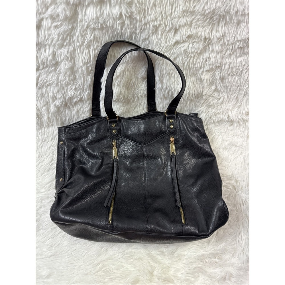 Juicy Couture Style‎ Black Faux Leather Tote Large Gold Zipper Shoulder Bag